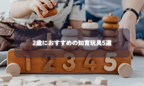 知育玩具を手に取る2歳の子ども