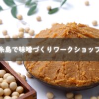 糸島で味噌づくりを体験する親子の写真